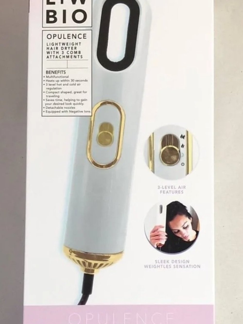 L + W BIO Opulence Lightweight Hair Dryer with 3 Comb Attachments